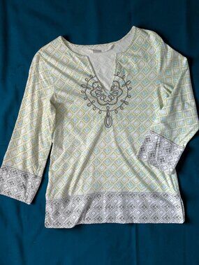 Athleta cotton tunic top - white w/green print and embroidery